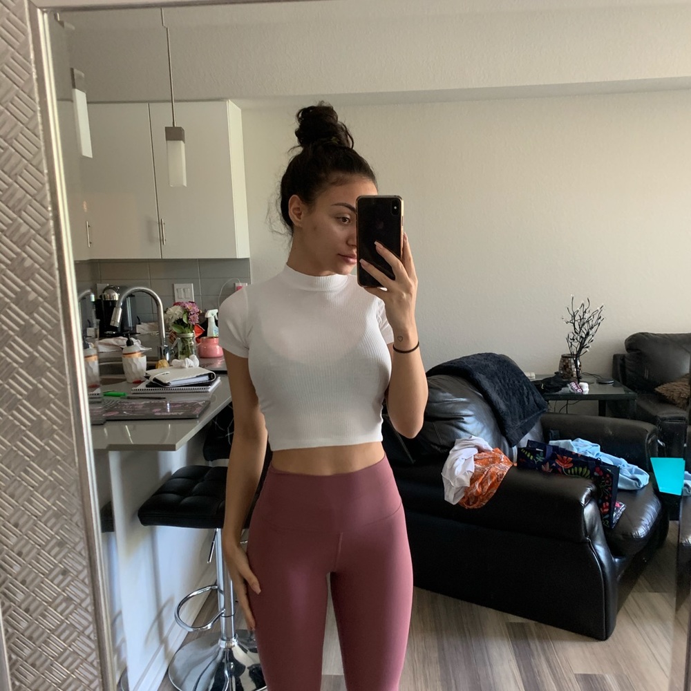 White Mock Neck Short Sleeve Crop